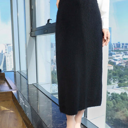 100% Mink Cashmere Half Skirt Women Mid-Long Elastic High Waisted A-line Skirt Loose Knit Hip Skirt Autumn Straight Tube Skirts PlatiNum