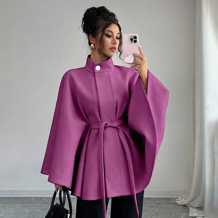 Women's Belted Wool Cape Coat High Neck Stand Collar Batwing Sleeve Loose Fit Winter Warm Poncho Outerwear 2026