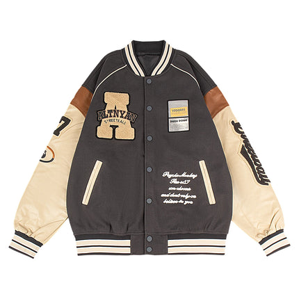 Men's Casual Varsity Jacket Motorcycle Bomber Coat Vintage Letterman Baseball Streetwear Outerwear with Faux Leather Sleeves