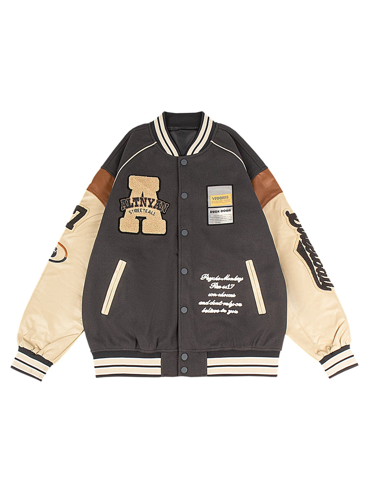 Men's Casual Varsity Jacket Motorcycle Bomber Coat Vintage Letterman Baseball Streetwear Outerwear with Faux Leather Sleeves