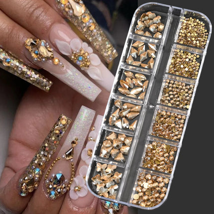 12 Grids Mixed Size Nail Rhinestones SS6 to SS30 Shiny Clear Gold Pink Blue Flat Back Glass Gems for DIY Nail Art Manicure Decoration Supply