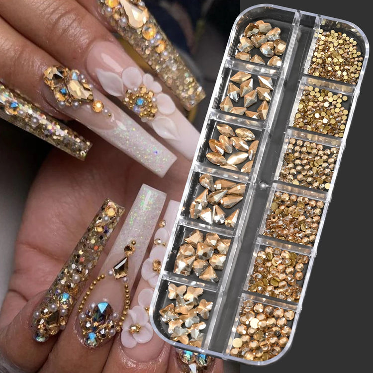 12 Grids Mixed Size Nail Rhinestones SS6 to SS30 Shiny Clear Gold Pink Blue Flat Back Glass Gems for DIY Nail Art Manicure Decoration Supply