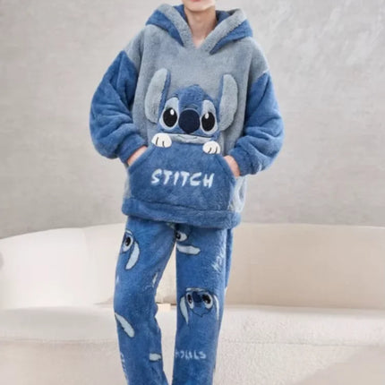 Anime Stitch Pajamas Cute Winter Flannel Thick Sleepwear Set Couple Homewear Warm Comfortable Windproof Long Sleeved Pants Gift