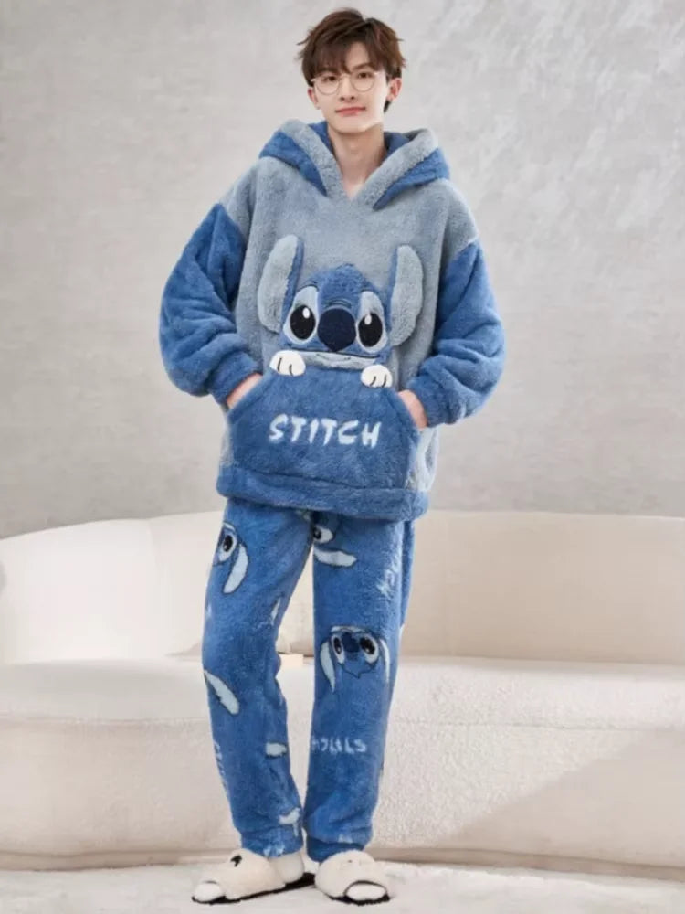 Anime Stitch Pajamas Cute Winter Flannel Thick Sleepwear Set Couple Homewear Warm Comfortable Windproof Long Sleeved Pants Gift