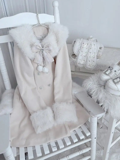 Japanese Autumn Winter Elegant Kawaii Coat Women Faux Fur Collar Long Sleeve Tops Casual Lolita Bow Button Warm Sweet Jacket