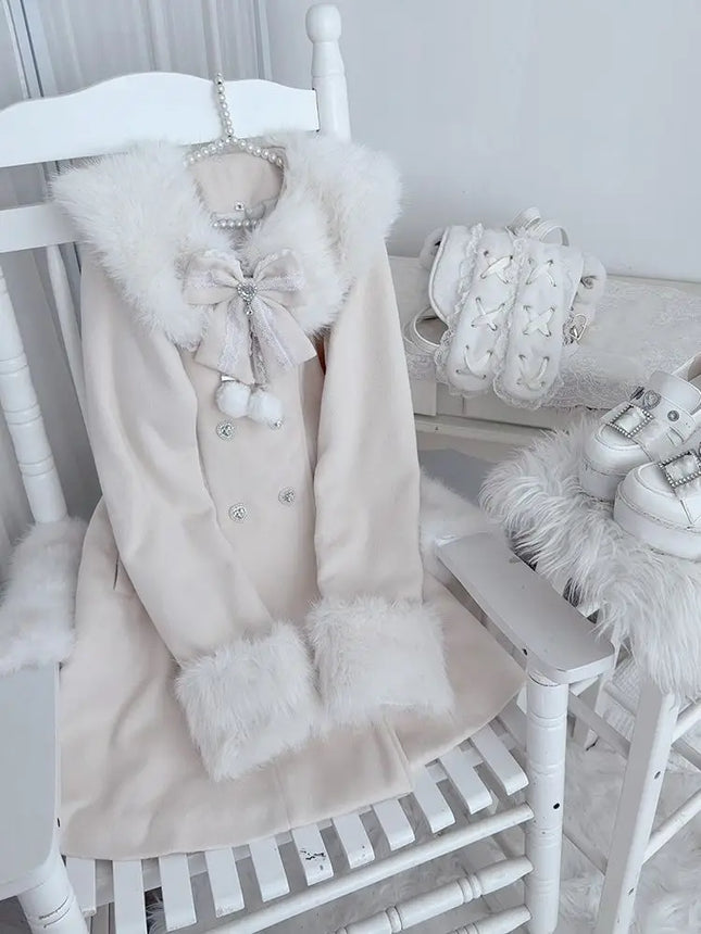 Japanese Autumn Winter Elegant Kawaii Coat Women Faux Fur Collar Long Sleeve Tops Casual Lolita Bow Button Warm Sweet Jacket