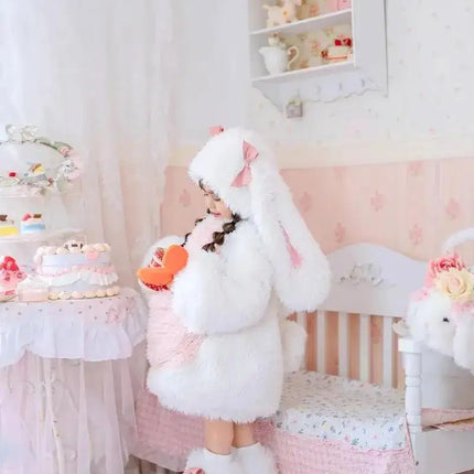 Cartoon Children Plush Rabbit Cosplay Costume Kawaii Kids Winter Warm Sets Top Pants Hat Suit Girl Halloween Party Outfits Gift