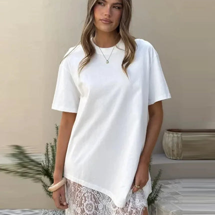 T-Shirt Dress with Lace and Asymmetrical Hem, Short Sleeves, Crew Neck, Casual and Comfortable Mini Dress, Summer Fashion 2026 Streetwear