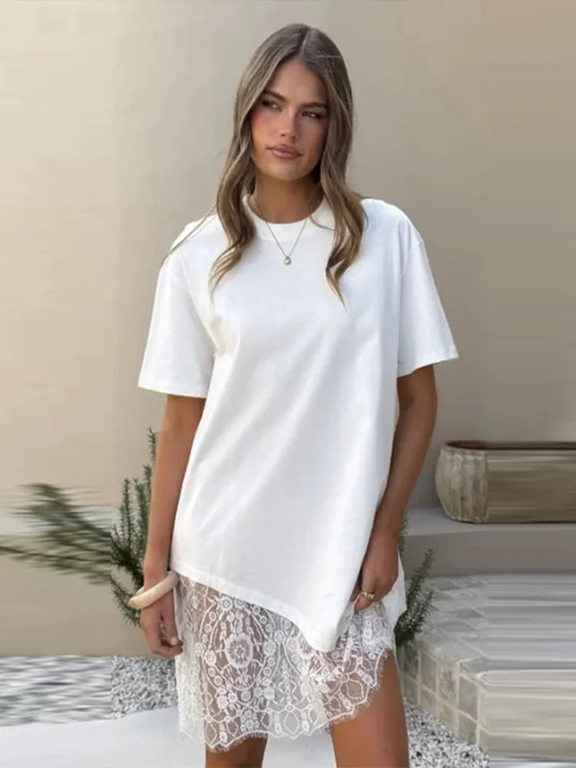 Women's Lace Trim Asymmetric Hem T-Shirt Dress Short Sleeve Round Neck Casual Mini Dress
