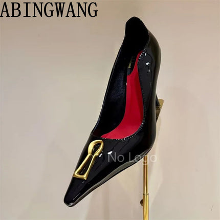 High Quality Leather Thin Heel Pumps Slip On Pointed Toe Suede Metal Shoes Women Sexy Party Sandals For Women Mujer PlatiNum