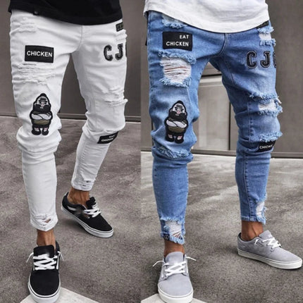 New embroidered fine grain jeans for men, cotton elastic hole slim fit hip-hop denim pants, casual jeans for men, jogging pants PlatiNum