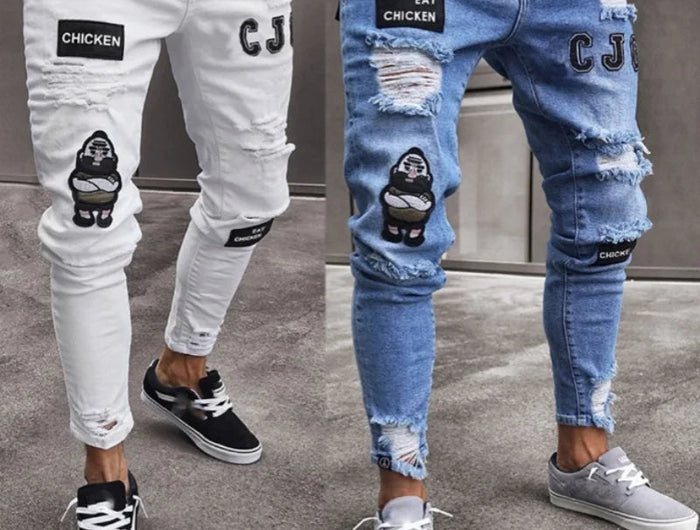 New embroidered fine grain jeans for men, cotton elastic hole slim fit hip-hop denim pants, casual jeans for men, jogging pants PlatiNum