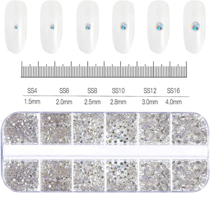 12 Grids Mixed Size Nail Rhinestones SS6 to SS30 Shiny Clear Gold Pink Blue Flat Back Glass Gems for DIY Nail Art Manicure Decoration Supply