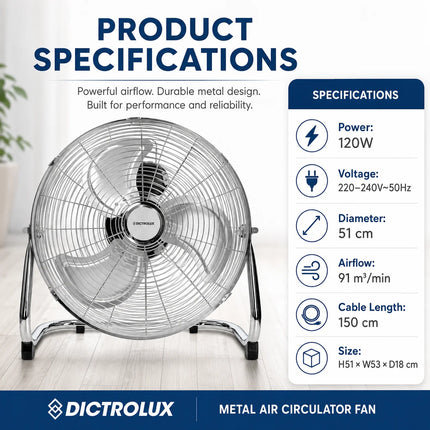 DICTROLUX Ventilatore da Pavimento in Metallo 51cm, 120W, 3 Velocità, 90° di Rotazione °   Inclinazione Regolabile 91m³/min 220-240V
