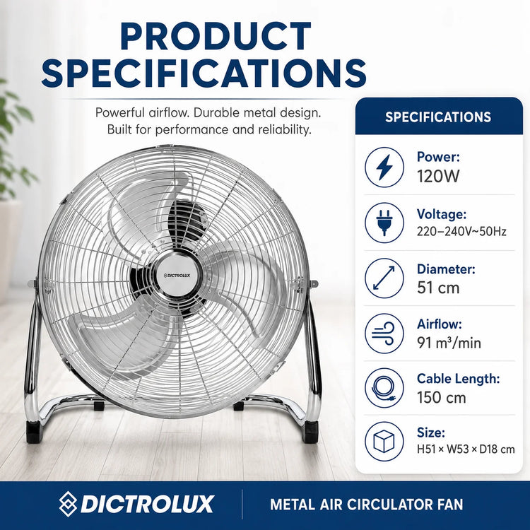 DICTROLUX Ventilatore da Pavimento in Metallo 51cm, 120W, 3 Velocità, 90° di Rotazione °   Inclinazione Regolabile 91m³/min 220-240V