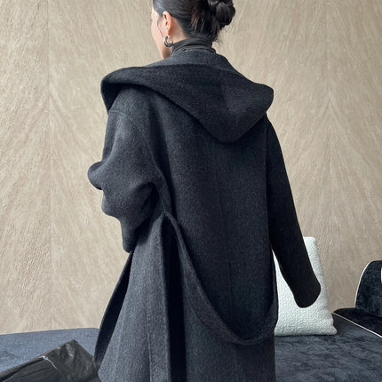 Brushed 100% Wool Coat Women Hooded Belted Wrap Coat Long-Pile Double-Faced Texture Unlined Relaxed Fit Short Coats Fall Winter