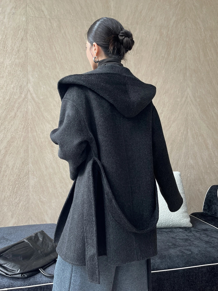 Brushed 100% Wool Coat Women Hooded Belted Wrap Coat Long-Pile Double-Faced Texture Unlined Relaxed Fit Short Coats Fall Winter