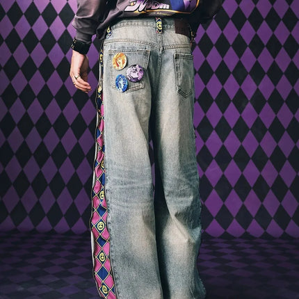 Jeans JoJo Anime con Pannelli Staccabili, Vita Alta, Gamba Larga, Stampa Denim, Viola e Oro, Patchwork, Taglio Dritto, per Uomo e Donna