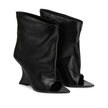 2025Ladies' Spring and Summer New Fish Mouth Slope High Heel Knee Boots, Fashionable Pointed Fashion Show Medium Cool Boots PlatiNum