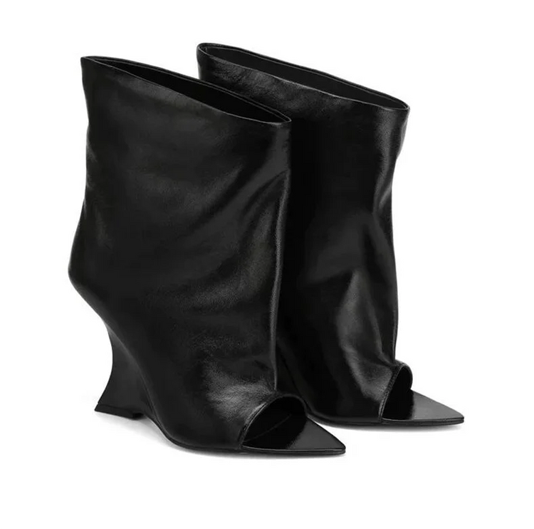 2025Ladies' Spring and Summer New Fish Mouth Slope High Heel Knee Boots, Fashionable Pointed Fashion Show Medium Cool Boots PlatiNum