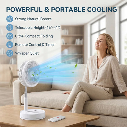 Ventilatore Portatile Pieghevole da 8000mAh, Ultra Silenzioso, Ricaricabile USB, Ventilatore da Tavolo/Scrivania, 20 Ore di Raffreddamento Senza Fili per Casa, Ufficio, Campeggio, Viaggi – Ventilatore da Terra Pieghevole Po