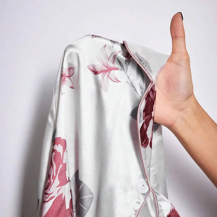 Pigiama da donna con stampa floreale color block, maniche lunghe e pantaloni in raso per un sonno confortevole, morbido pigiama e pigiama da notte