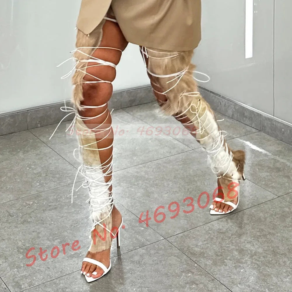 Fur Hide Lace Up Over Knee Sandals Women Wild Sexy Cross Tied High Heels Puttee Shoes Ladies Cutout Party Pointy Long Sandals