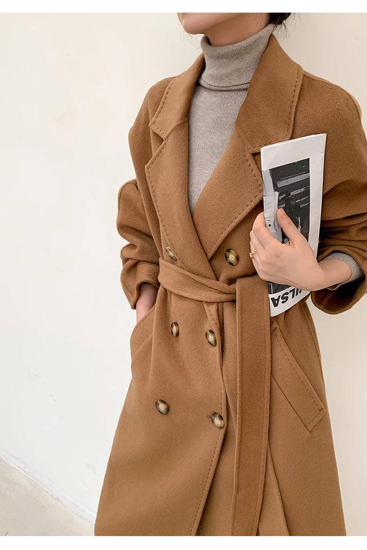 Ladies' 100% Cashmere Thick Double-Sided Extended Coat, Classic, Versatile and Fashionable for Business and Leisure