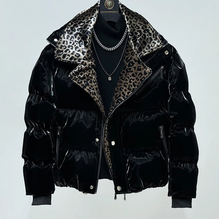 High-End Leopard Print Splicing Faux Two-Piece Parkas Men 2025 Winter New Parkas Thickened Warm Stylish Long Sleeve Chic Jackets