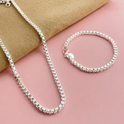 Andara Set di collana e bracciale a catena quadrata in argento sterling 925 da 4 mm per gioielli da festa per uomini e donne platinumshop