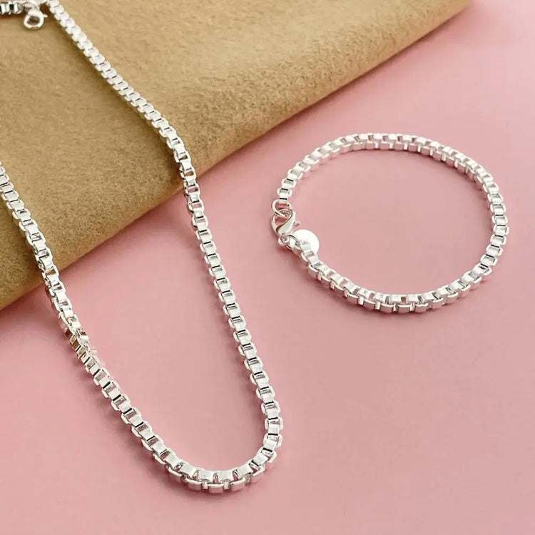 Andara Set di collana e bracciale a catena quadrata in argento sterling 925 da 4 mm per gioielli da festa per uomini e donne platinumshop