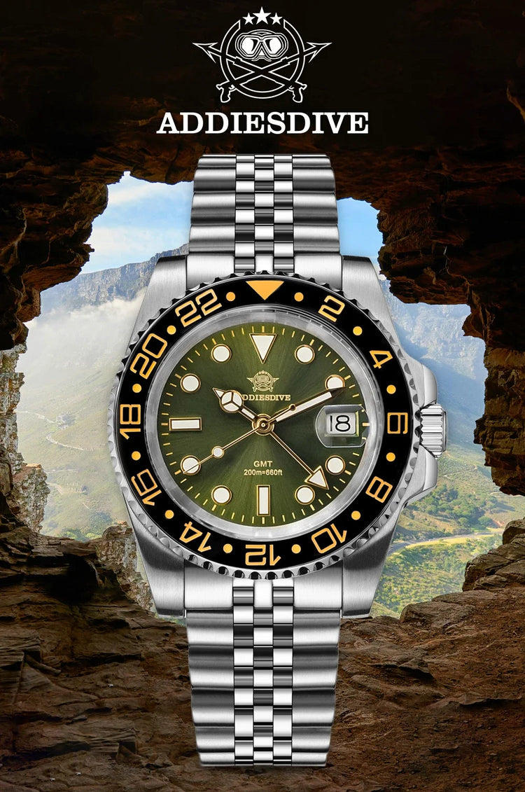 ADDIESDIVE AD2050 Luxury GMT Watch Stainless Steel Super Luminous 20Bar Water-Resistance Diving Men Quartz Watches Ceramic Bezel