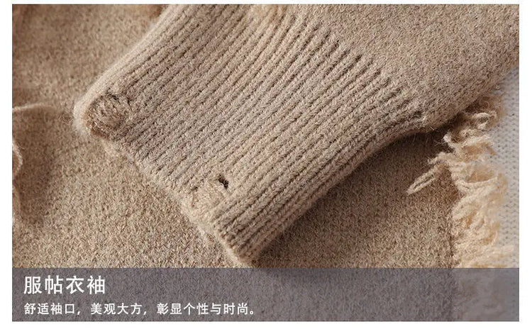 Ripped Sweater Men's Loose Crew Neck Knit Bottom Shirt Handsome Autumn Clothes on The Fashion  Sweater Pullover Sweater