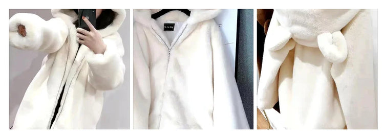 Cosy Loose Faux Fur Coat Womens Faux Fur Fuzzy Hooded Fluffy Ears Surcoat Overcoat Woman Winter Warm Outerwear Snowy Day Wrap