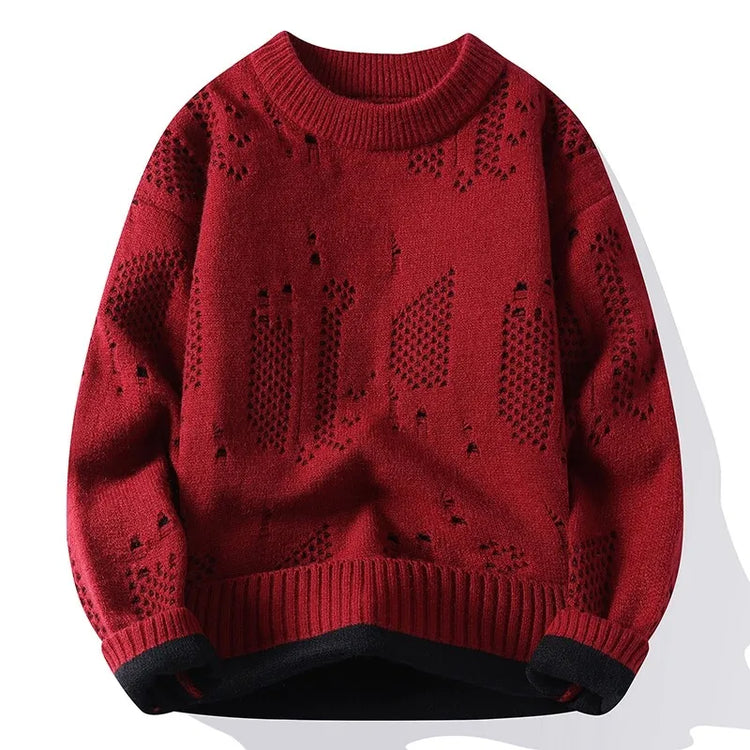 Autumn Winter Fashion Hole Knit Sweater Men O-Neck Solid Color Youthful Vitality Casual Knitted Pullovers Man Streetwear Sweater