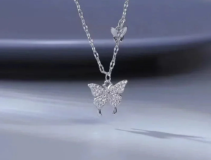 Silver Butterfly Necklace Women Crystal Zircon Pendant Necklace for Women Girl Crystal Chain Necklace Party Jewelry PlatiNum