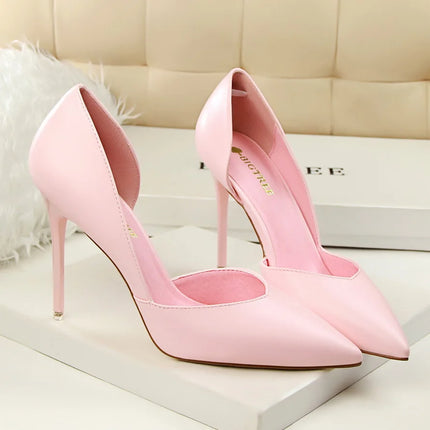 Donne di estate 10.5 centimetri Tacchi Alti Pompe di Pelle Femminile Escarpins Elegante Dolce Giallo Rosa Stiletto Della Signora Tacchi Da Sposa Scarpe Cave