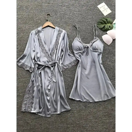 2PCS Women Lace Pajama Set Satin Home Pyjamas Lace Robe V-Neck Nightgown Bridal Silk Gown Women's Nightwear