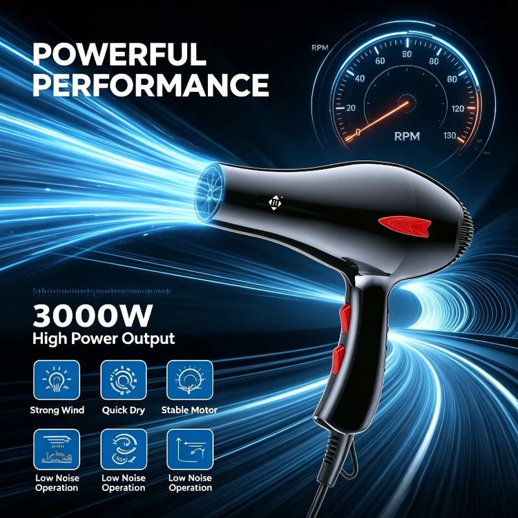 WETECH W1111 Professional Hair Dryer 3000W High Power Blow Dryer Adjustable Temperature & Wind Speed With 2Pcs Concentrator Nozzles AC100-240V Universal Voltage Salon Home Hair Styling Tool