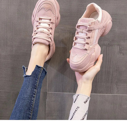 WOIZGIC Women's Female Ladies Genuine Leather Shoes Platform Lace Up Korean Sports Spring Autumn Breathable Vulcanized Shoes PlatiNum