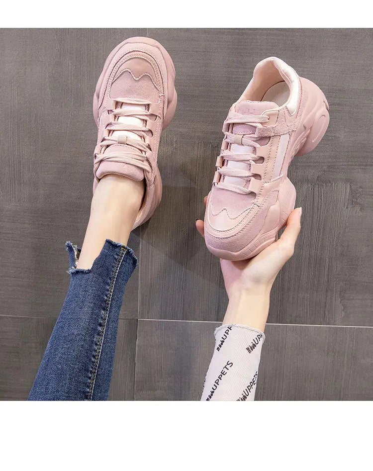 WOIZGIC Women's Female Ladies Genuine Leather Shoes Platform Lace Up Korean Sports Spring Autumn Breathable Vulcanized Shoes PlatiNum