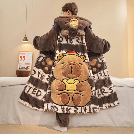 Capybara Cute Fashion Hooded Plush Robe Pajamas Set Warm Flannel Loungewear Soft Home Sleepwear Men Boys Daily Casual Comfort