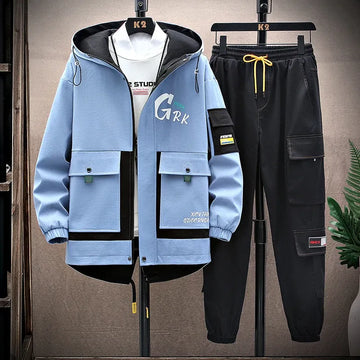 Casual Two-Piece Men's Sets 2026 Spring Autumn Loose Coats & Pant Tracksuits Outdoor Windproof Hooded Jacket And Jogger Clothing