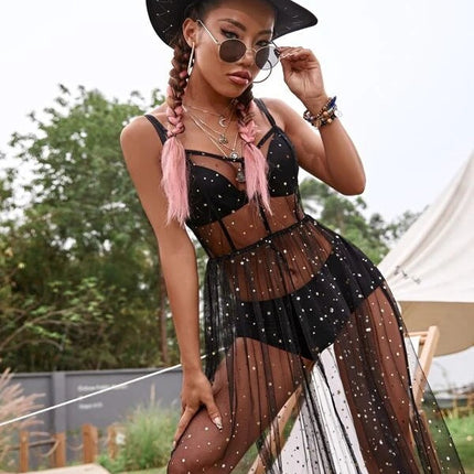 New Summer Women Cover Up Dress senza maniche collo quadrato Beach Holiday paillettes Split Midi Beach Smock Skin-Friendly confortevole platinumshop