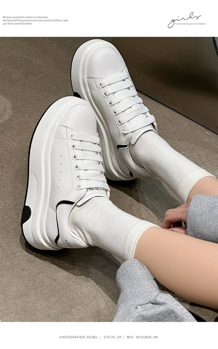 ZXRYXGS 2025 Spring Genuine Leather  Breathable Comfortable Shoes Woman New Thick Sole Wedges Increase Casual Sneakers White