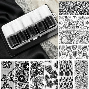 10 Rolls 2.5*50cm Black White Lace Flower Transfer Foil Adhesive Nail Full Wraps DIY Manicure Decoration Professional Nail Art Styling Tool