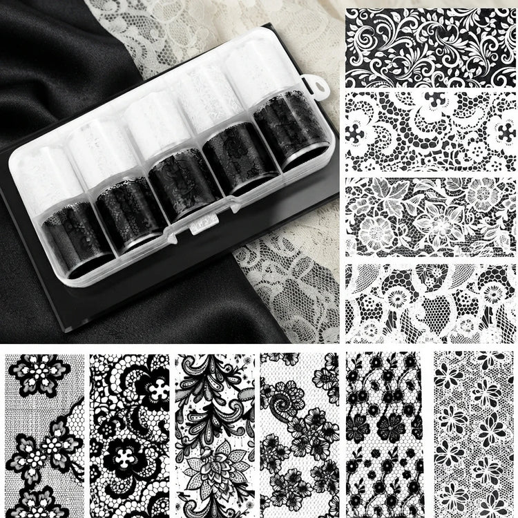 10 Rolls 2.5*50cm Black White Lace Flower Transfer Foil Adhesive Nail Full Wraps DIY Manicure Decoration Professional Nail Art Styling Tool