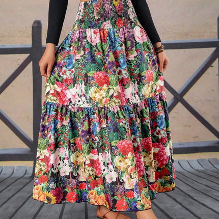 Abito lungo da donna a fiori con vita arricciata e balze, ideale per vacanze e spiaggia, stile casual