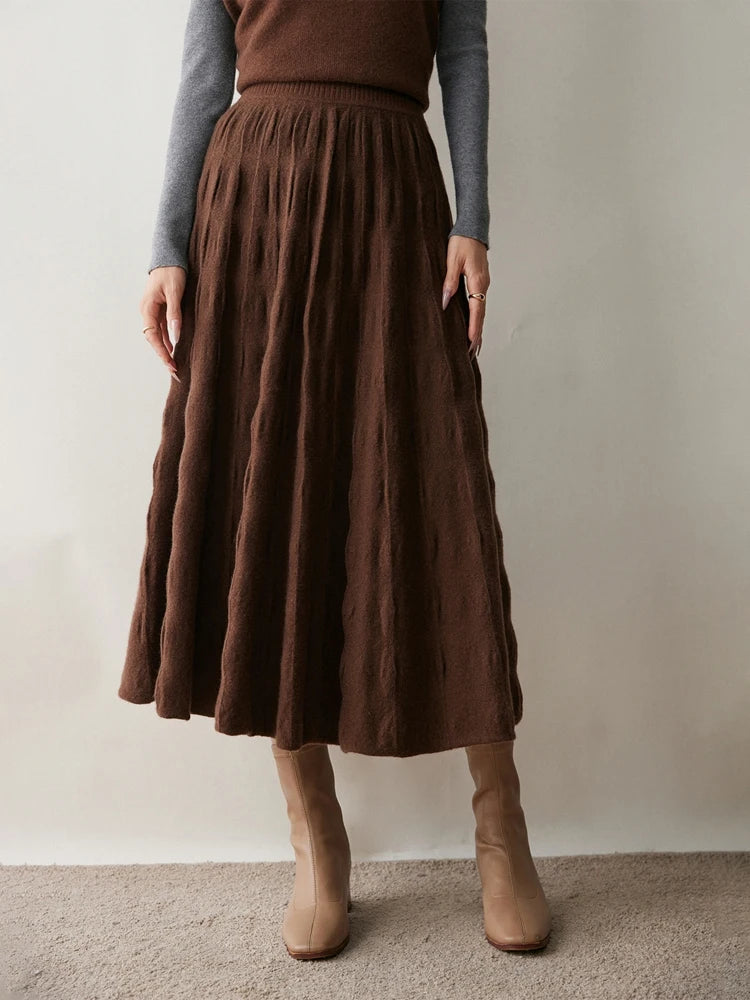 Women Cashmere Skirt A-Line Jacquard Elastic Waist Flared Skirt Autumn Winter 100% Cashmere Knitted Office Lady Curled Hem Dress PlatiNum