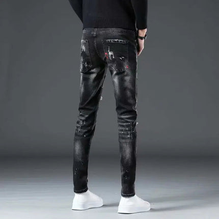High Street  2022 Fashion Casual Ripped Jeans Men's Patch Teenagers Cowboy Paint Splash Ink Black Pencil Pants Skinny Jeans Men PlatiNum